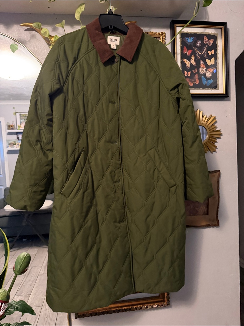 a.n.a Olive Green Quilted Coat with Brown Collar